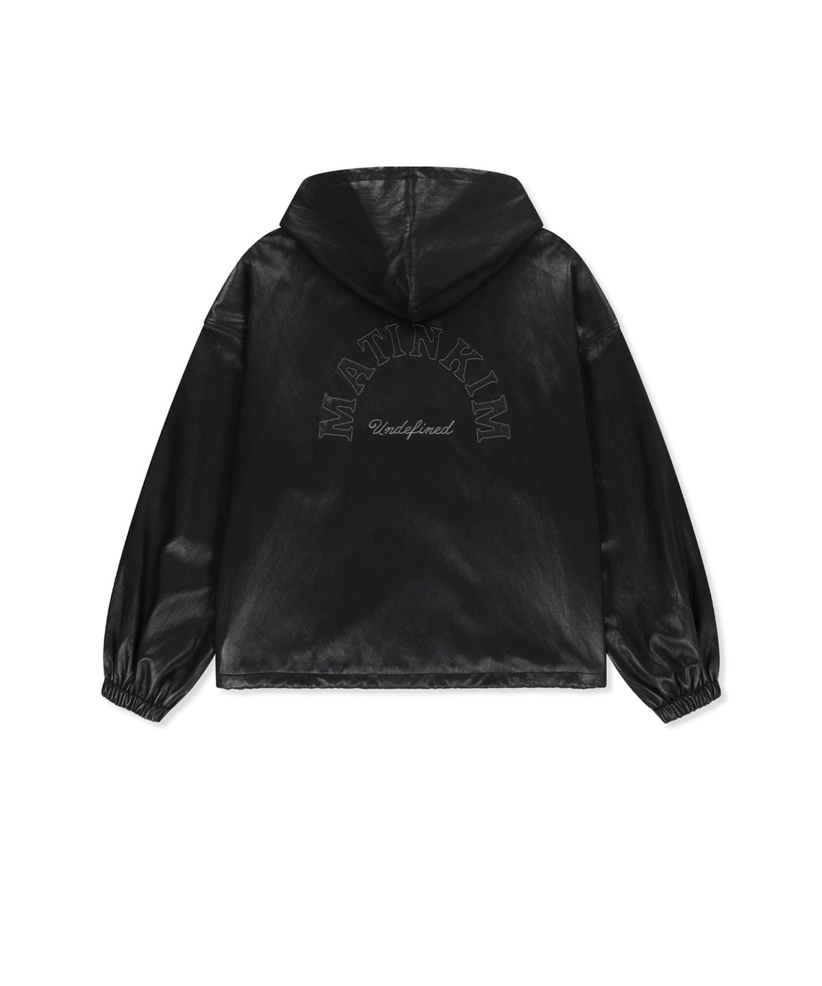 마뗑킴(MATIN KIM) FAUX LEATHER APPLIQUE LOGO HOODY JUMPER IN BLACK