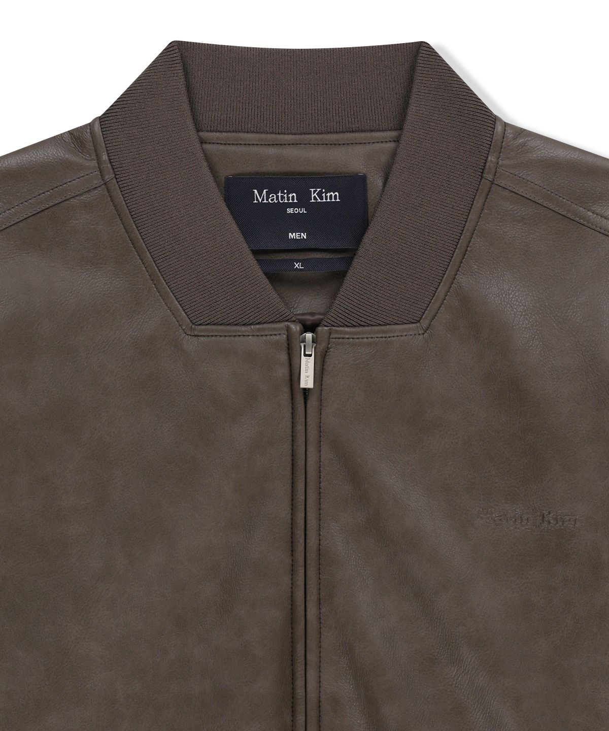 마뗑킴(MATIN KIM) FAUX LEATHER RIB COLLAR BLOUSON FOR MEN IN BROWN