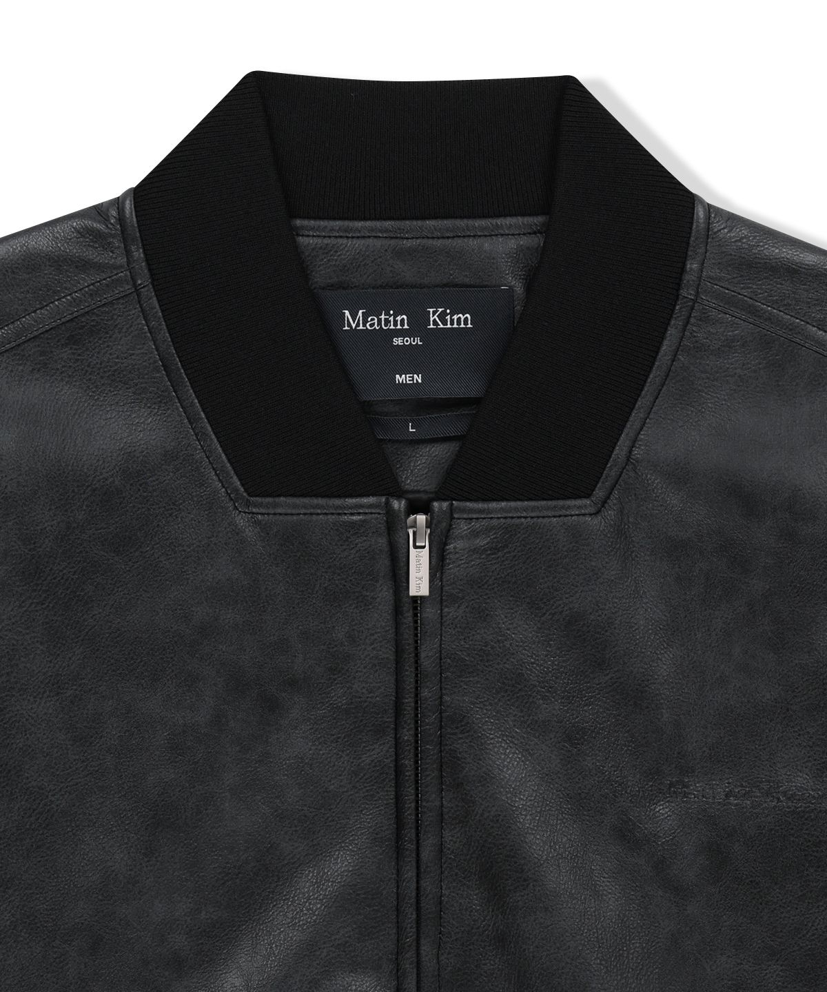 마뗑킴(MATIN KIM) FAUX LEATHER RIB COLLAR BLOUSON FOR MEN IN BLACK