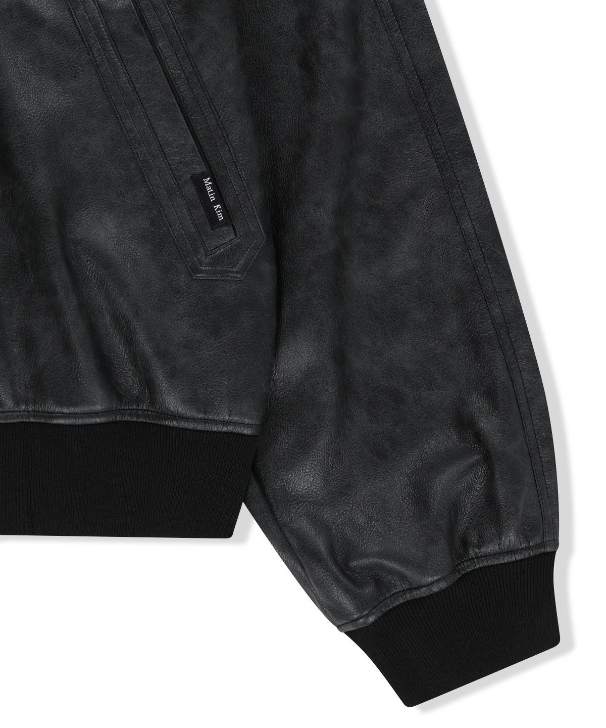 마뗑킴(MATIN KIM) FAUX LEATHER RIB COLLAR BLOUSON FOR MEN IN BLACK