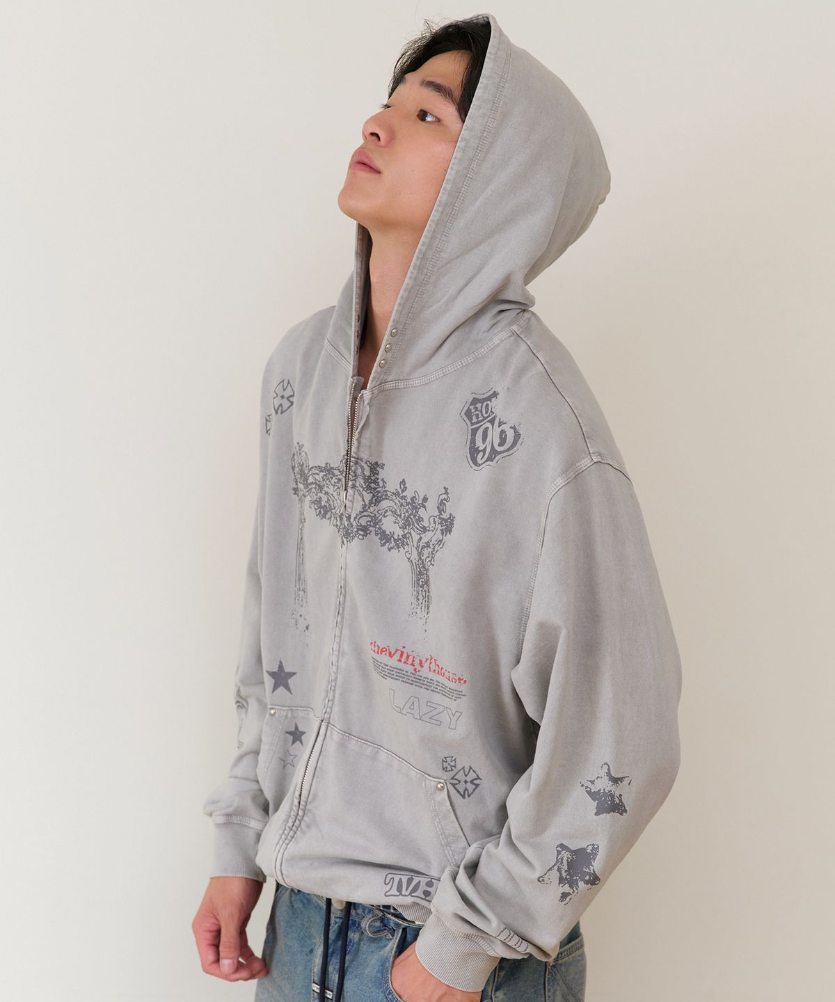 더바이닐하우스(THEVINYLHOUSE) RODEO WASHED HOODIE ZIP-UP GREY