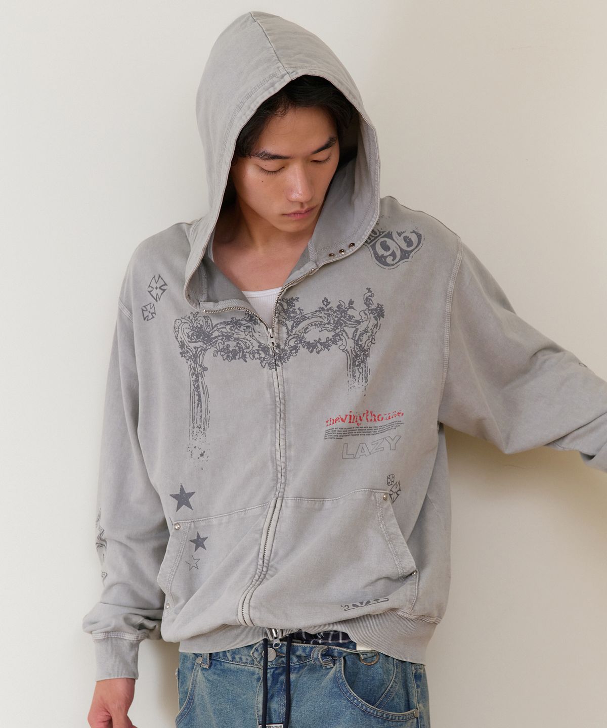 더바이닐하우스(THEVINYLHOUSE) RODEO WASHED HOODIE ZIP-UP GREY