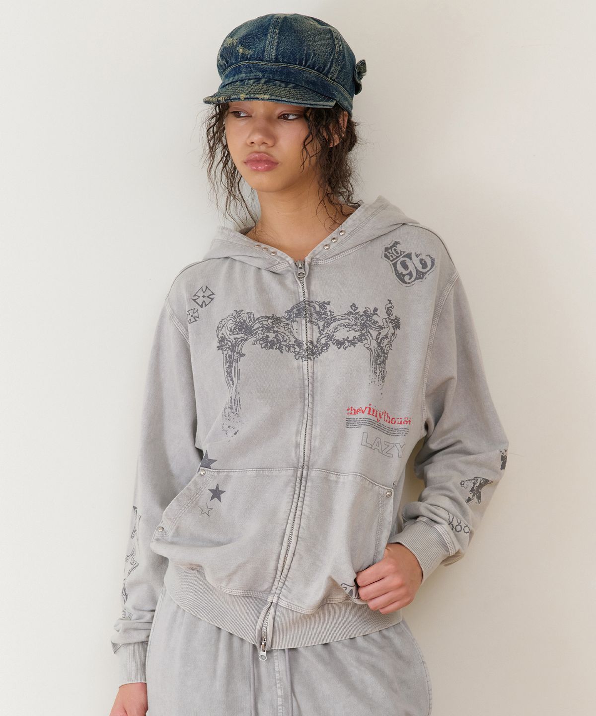 더바이닐하우스(THEVINYLHOUSE) RODEO WASHED HOODIE ZIP-UP GREY
