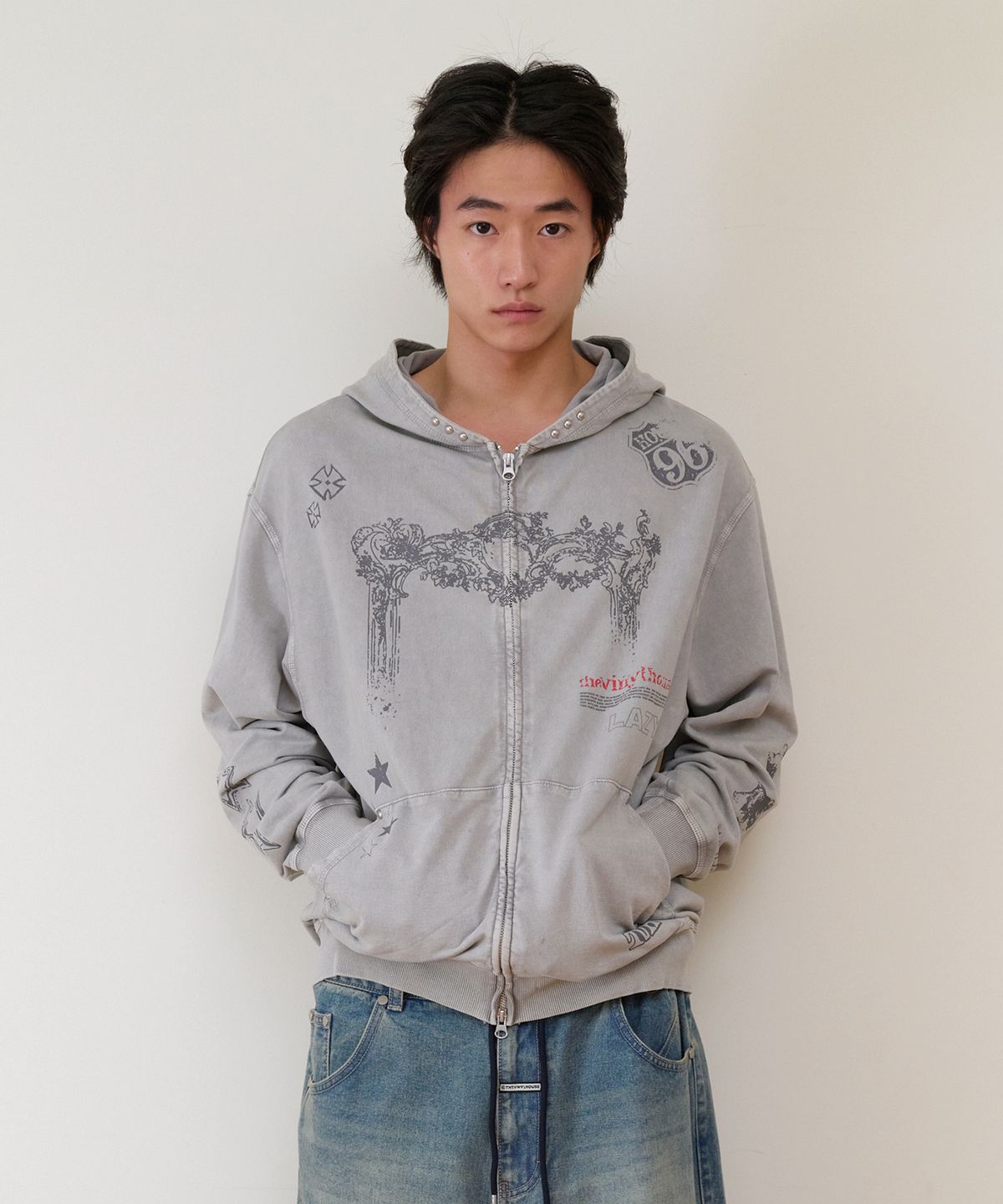 더바이닐하우스(THEVINYLHOUSE) RODEO WASHED HOODIE ZIP-UP GREY