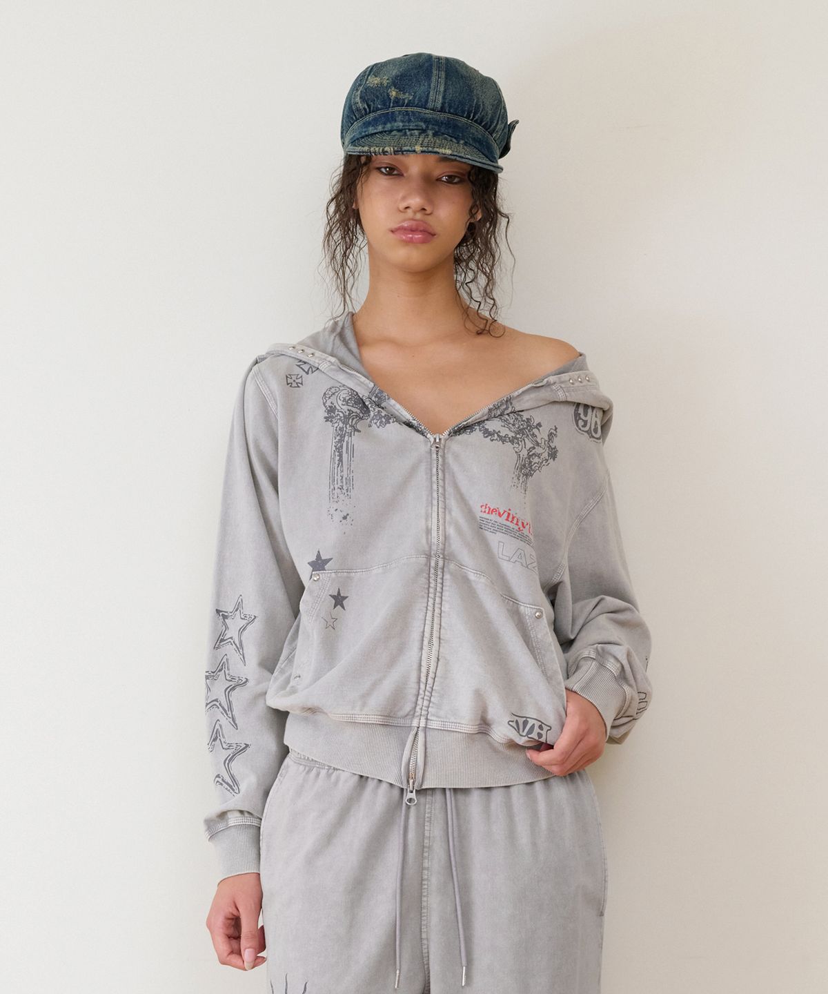더바이닐하우스(THEVINYLHOUSE) RODEO WASHED HOODIE ZIP-UP GREY