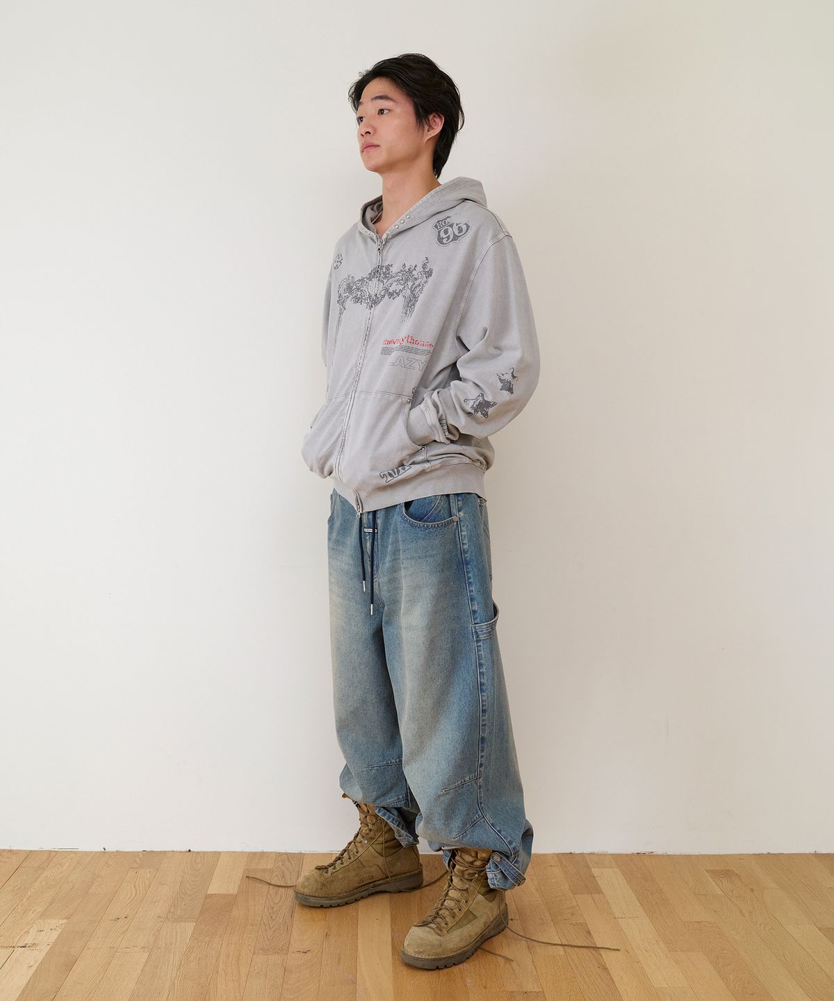 더바이닐하우스(THEVINYLHOUSE) RODEO WASHED HOODIE ZIP-UP GREY