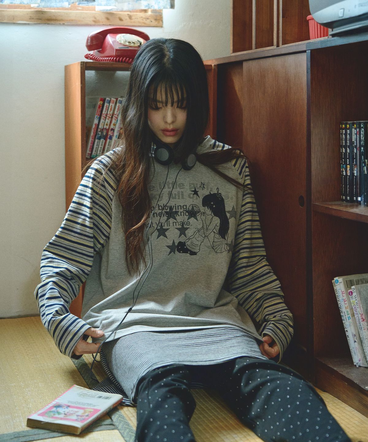 미헤브(MIHEV) 미유 스트라이프 나그랑 오버핏 롱슬리브 멜란지