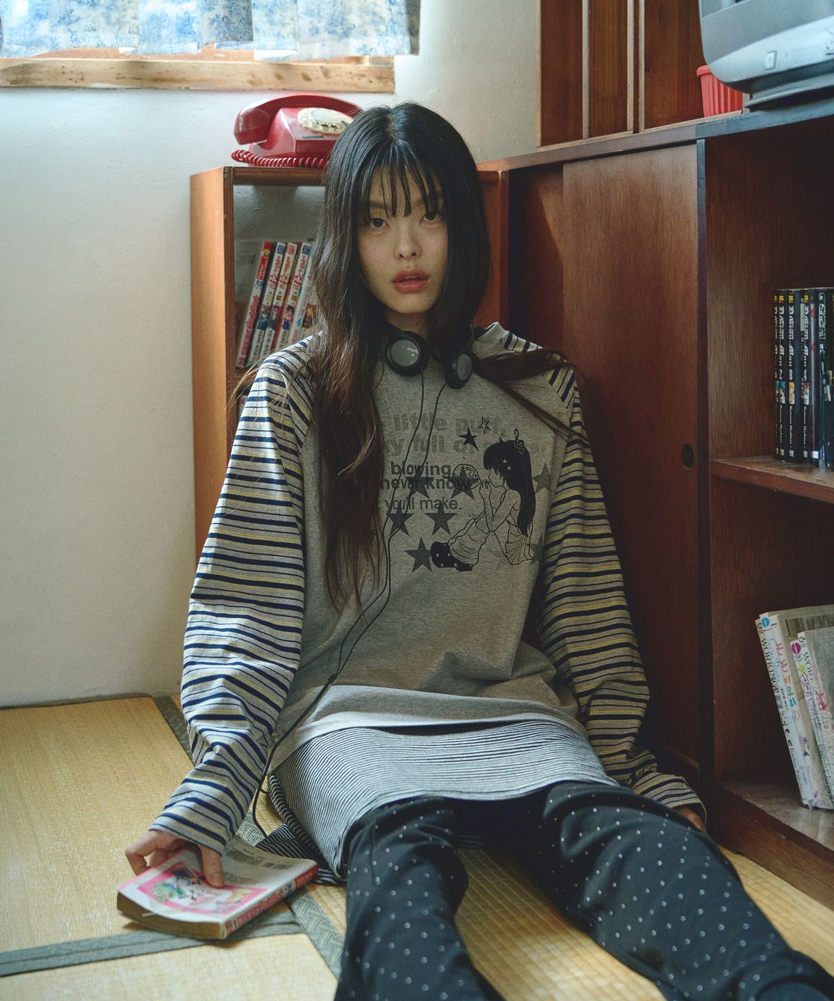 미헤브(MIHEV) 미유 스트라이프 나그랑 오버핏 롱슬리브 멜란지