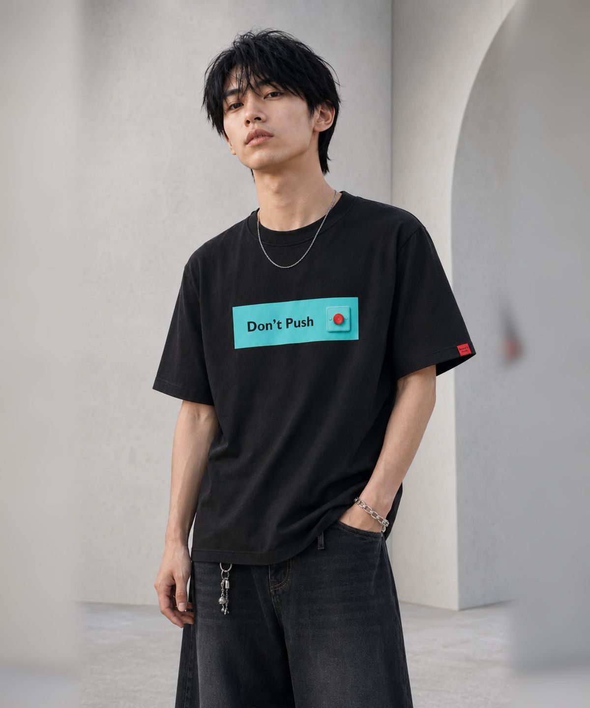 돈푸쉬(DONT PUSH) 터콰이즈 이머전시 박스 로고 프린트 반팔티