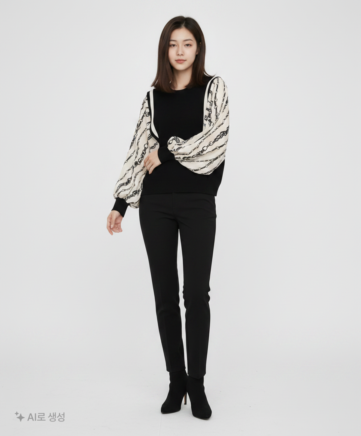 르니앤맥코이(LENIC&MCCOY) 모던 체인 프린팅 샤틴 소매 블록 니트 MK05KN102HJJ 88-94-165