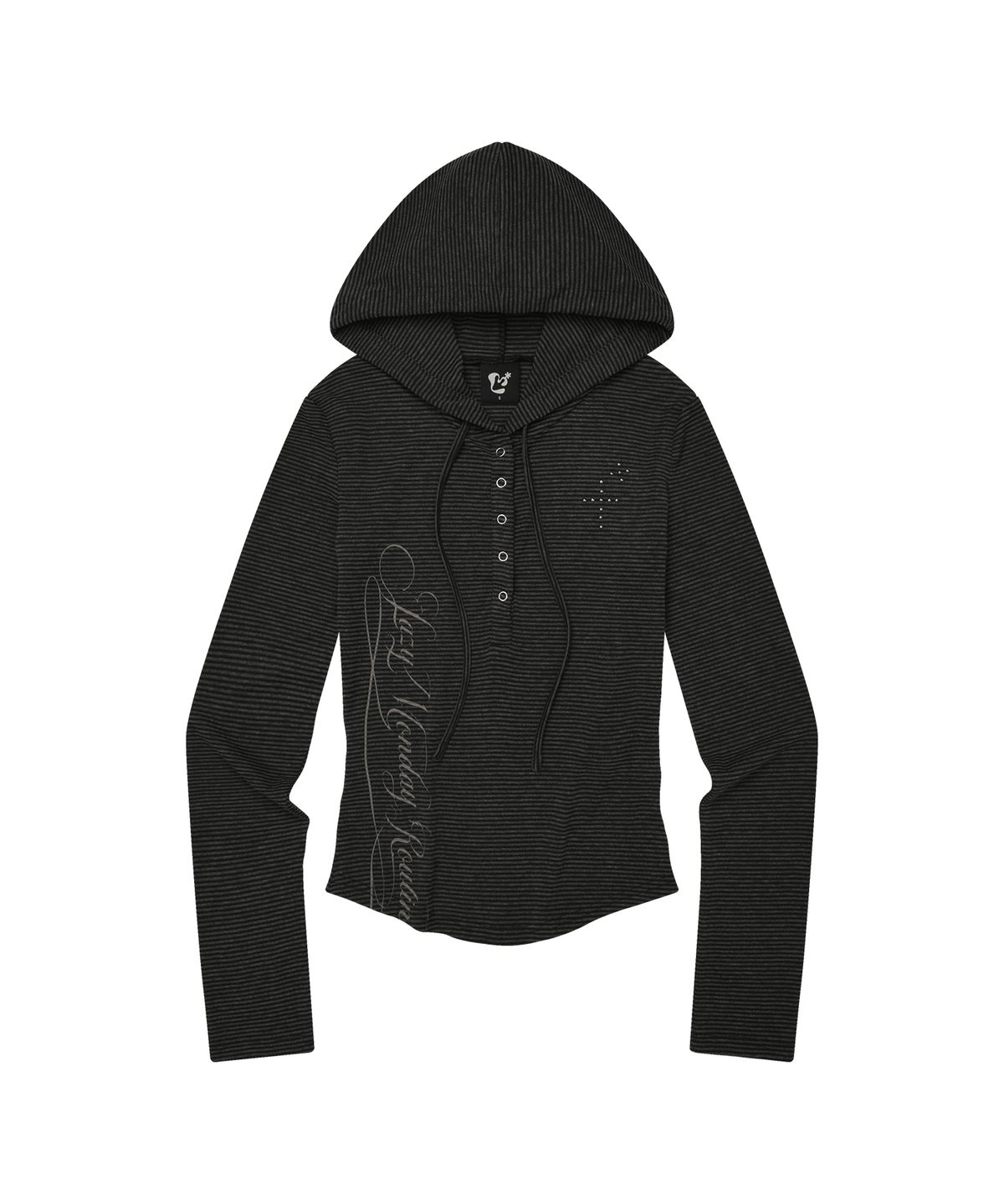 엘엠알(LMR) 스터드 헨리넥 골지 후드 긴팔 티셔츠 BLACK STRIPE