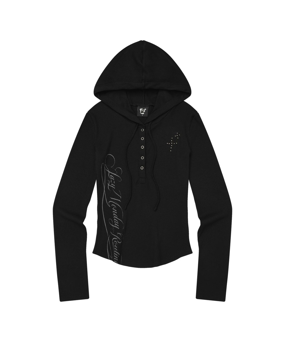엘엠알(LMR) 스터드 헨리넥 골지 후드 긴팔 티셔츠 BLACK