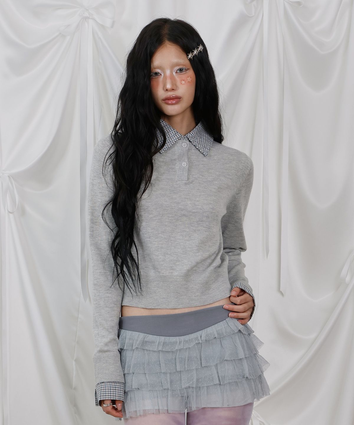 엘엠알(LMR) 체크 레이어드 배색 헨리넥 스웨터 LIGHT GREY
