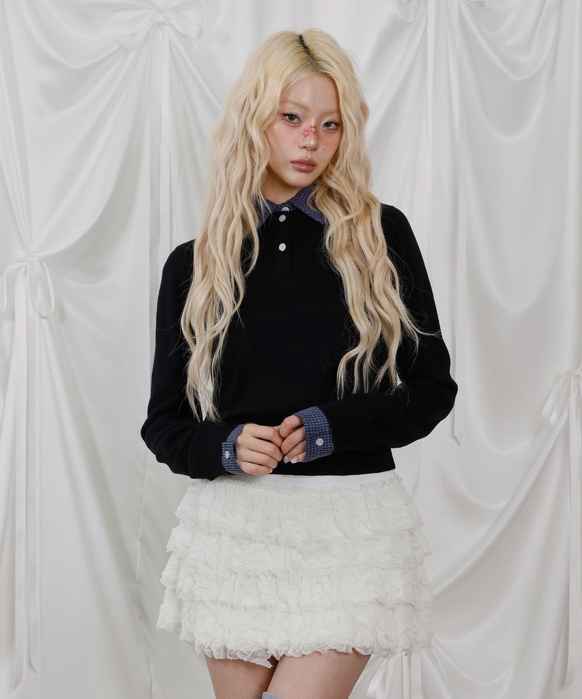 엘엠알(LMR) 체크 레이어드 배색 헨리넥 스웨터 BLACK