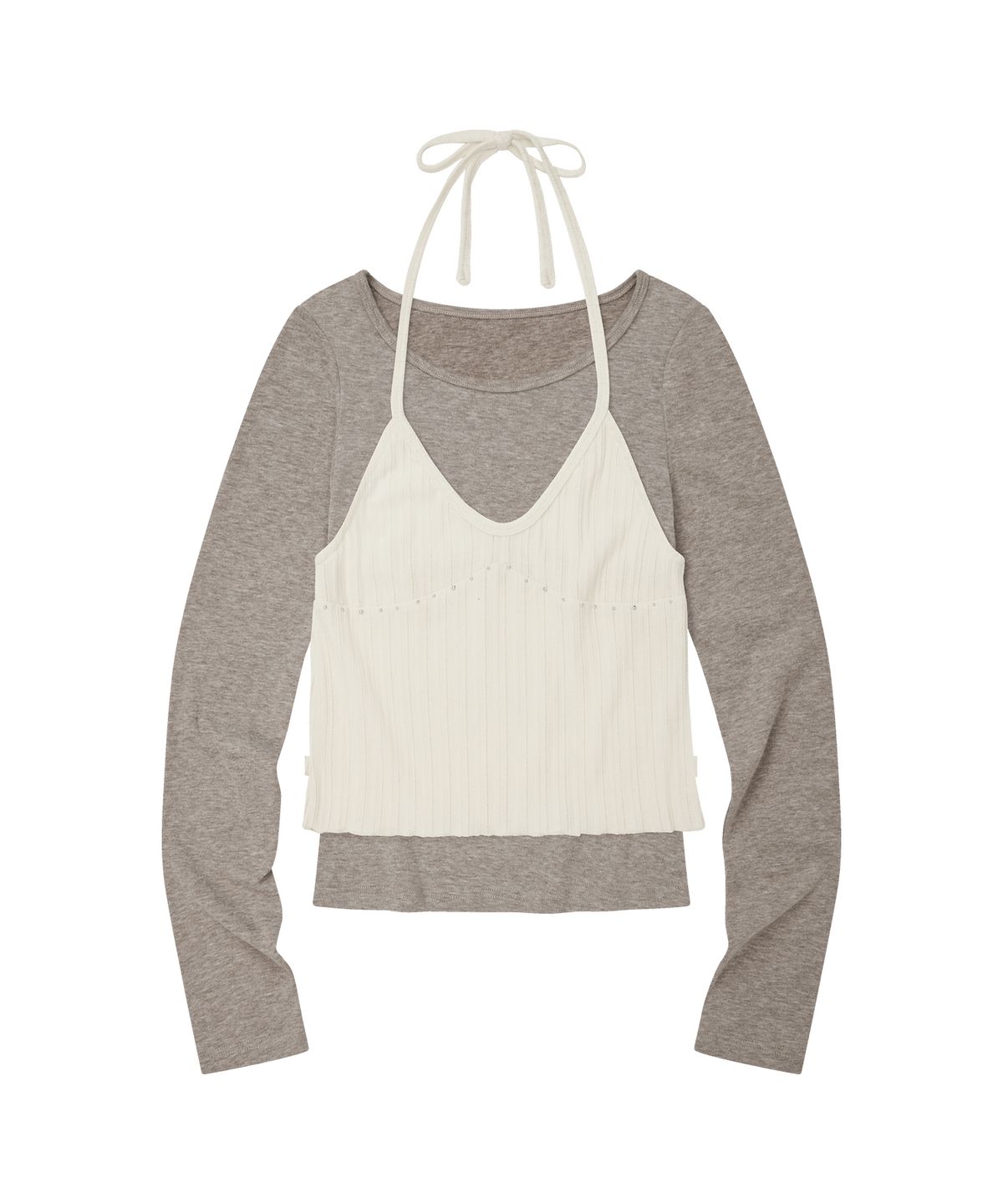 엘엠알(LMR) 스터드 홀터넥 레이어드 긴팔 티셔츠 BEIGE