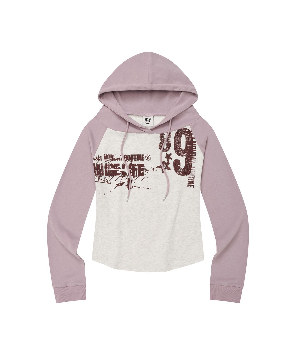 엘엠알(LMR) 오프숄더 레터링 그래픽 후드 긴팔 티셔츠 PURPLE PINK