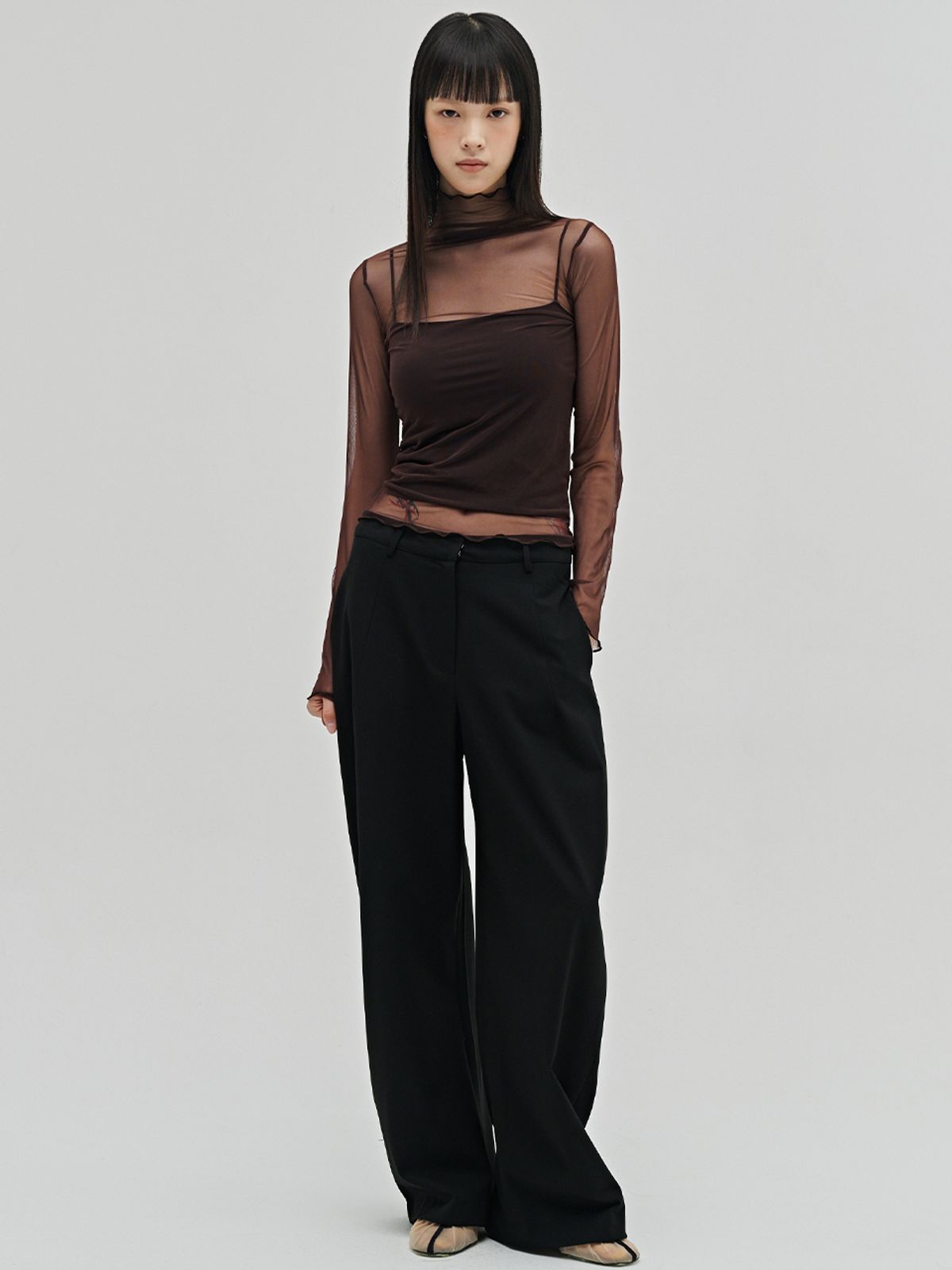 누브(NOUVE) 시어 하이넥 롱슬리브 티셔츠 - 버건디 / Sheer High Neck Long Sleeve T-Shirt - Burgundy