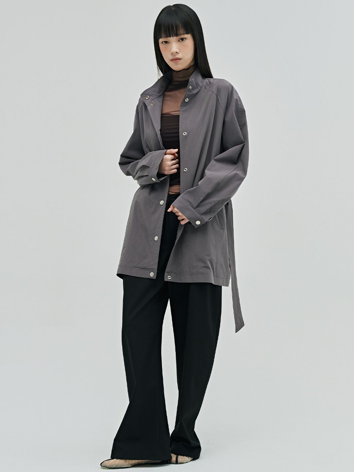 누브(NOUVE) 하이넥 트렌치코트 - 그레이 / High Neck Trench Coat - Gray