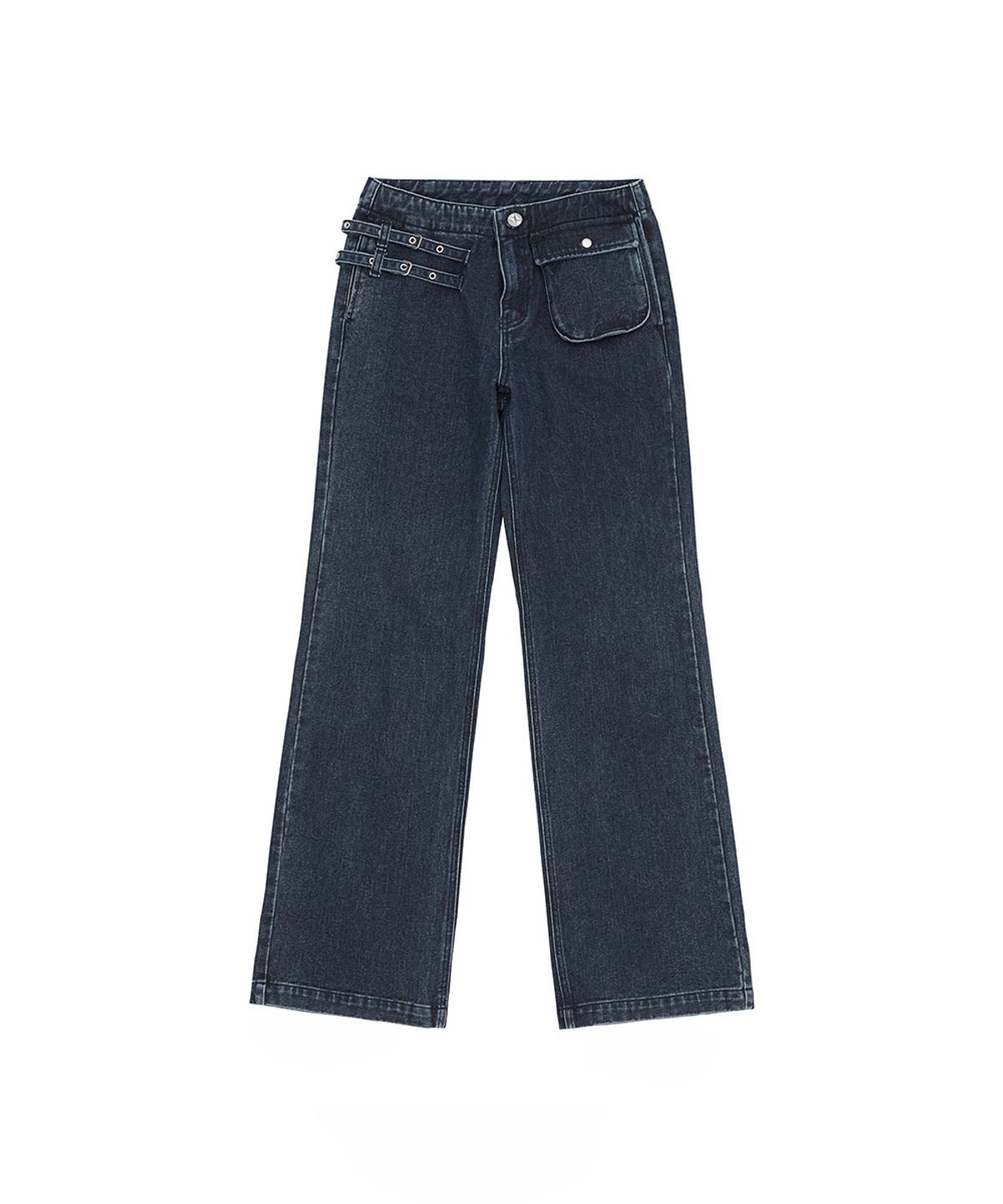 노 엑스트라 터치(NO EXTRA TOUCH) Eyelet Strap Pocket Low Wide Denim (Dark Blue) / 26FWPT004DB