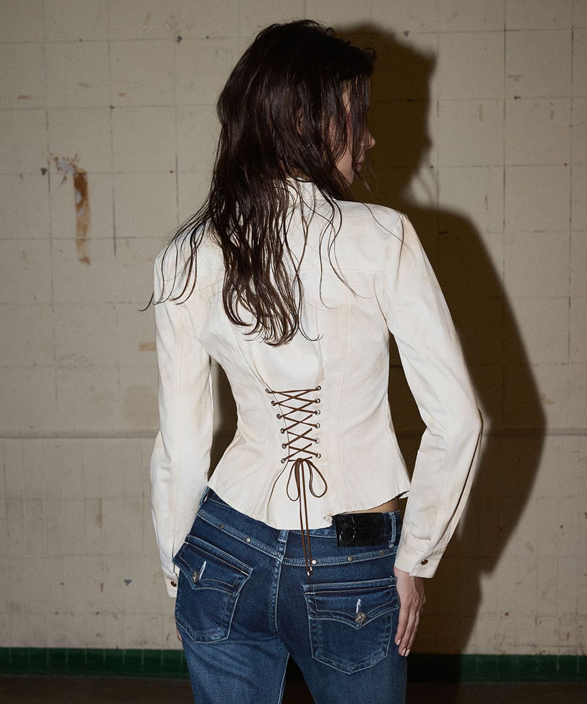 노 엑스트라 터치(NO EXTRA TOUCH) Vintage Dirty Washed Lace-up Shirt (Ivory) / 26FWSH001IV