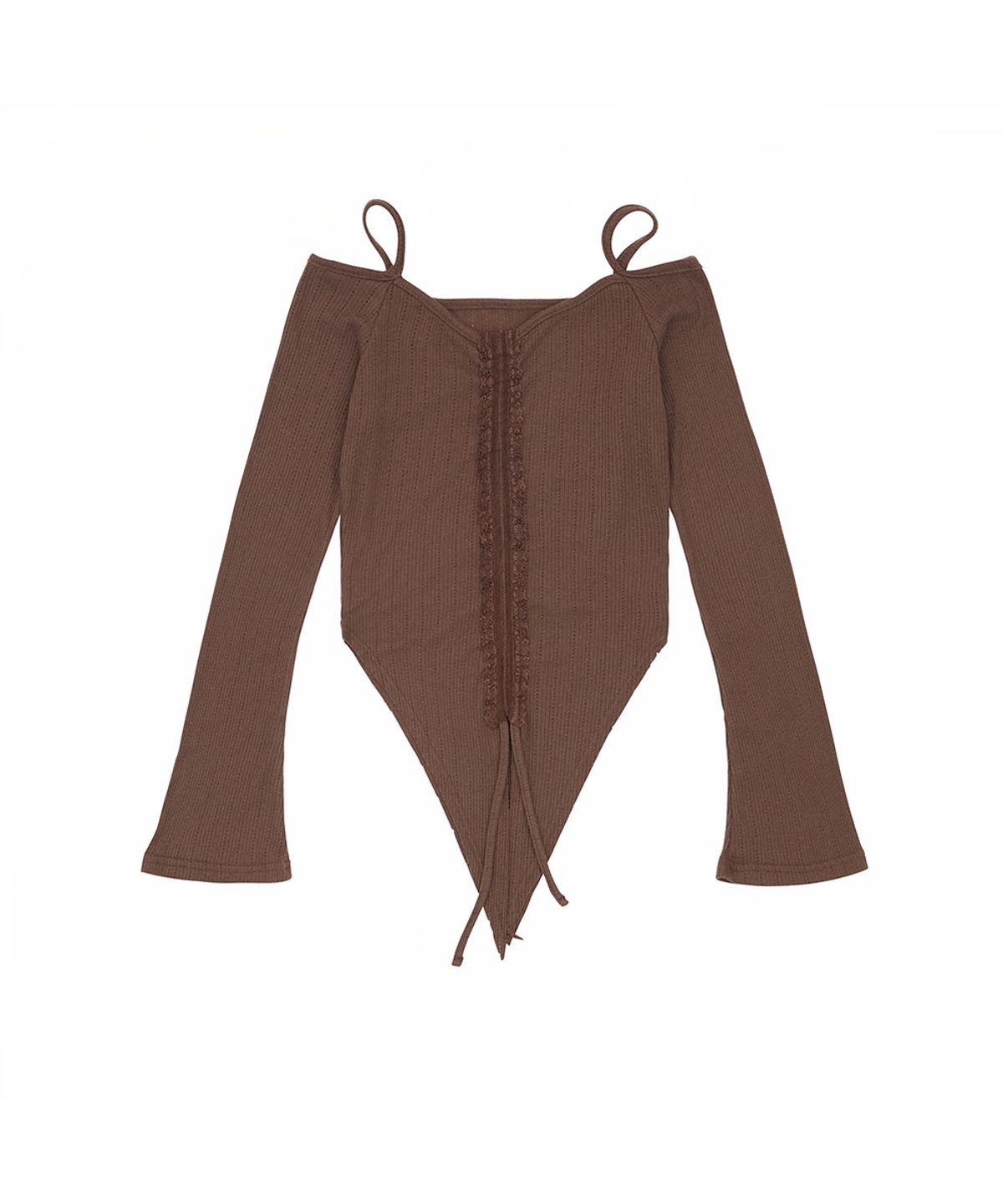 노 엑스트라 터치(NO EXTRA TOUCH) Shirred Off-Shoulder Long Sleeve Tee (Brown) / 26FWTS004BR