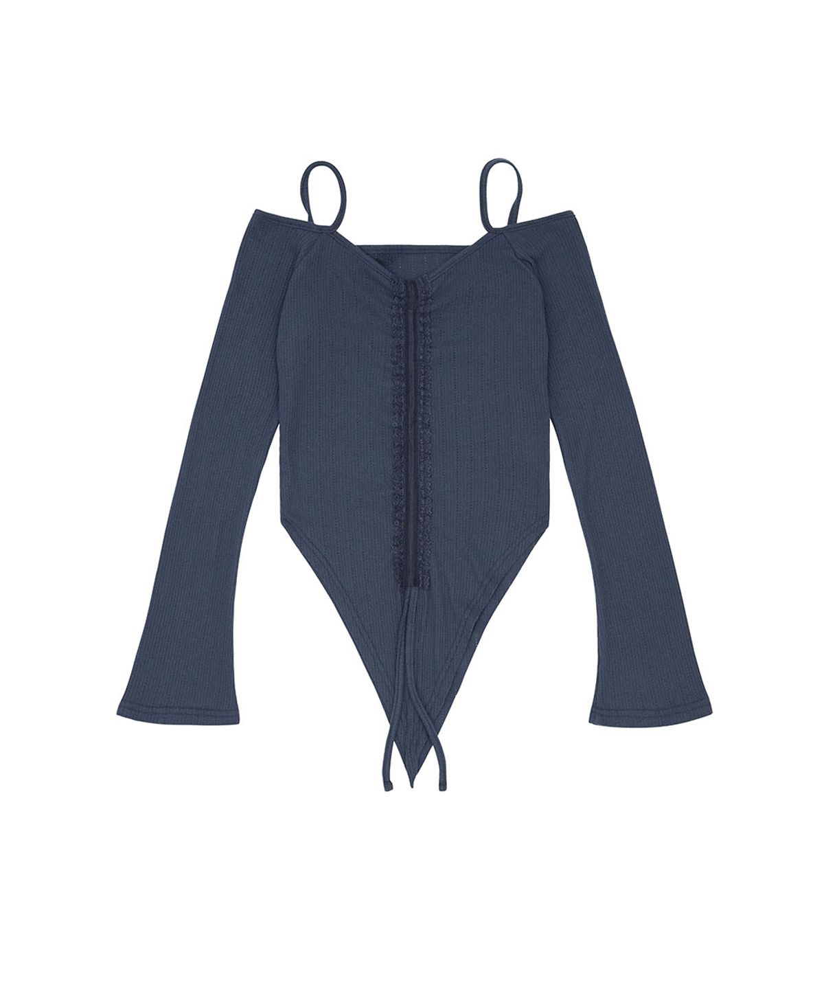 노 엑스트라 터치(NO EXTRA TOUCH) Shirred Off-Shoulder Long Sleeve Tee (Navy) / 26FWTS004NA