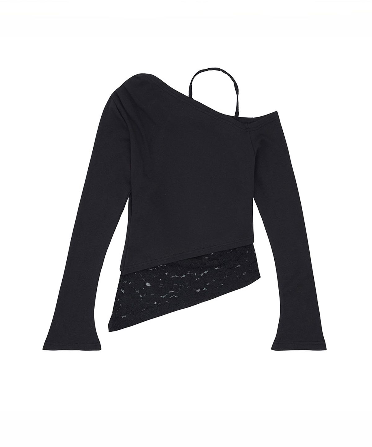 노 엑스트라 터치(NO EXTRA TOUCH) Halter Lace Layered Long Sleeve T-shirt (Black) / 26FWTS001BK