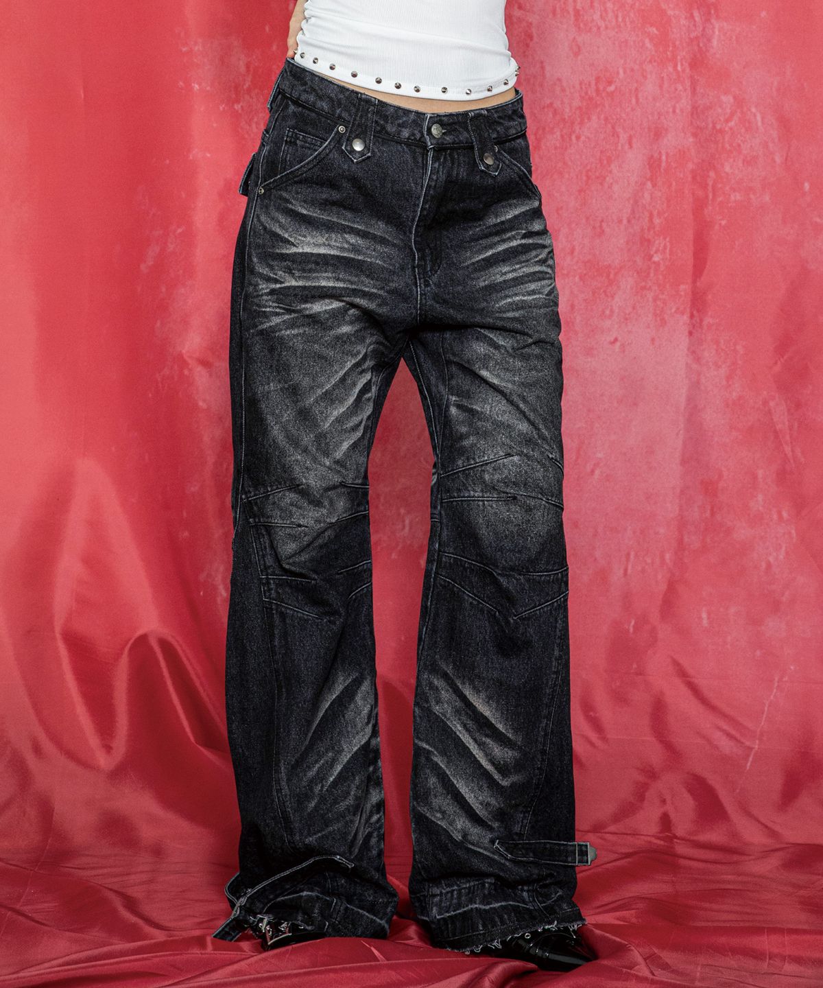 글랙(GLACK) GP192 잭플랩 도밍고 워싱 플레어 데님 팬츠 (BLACK)