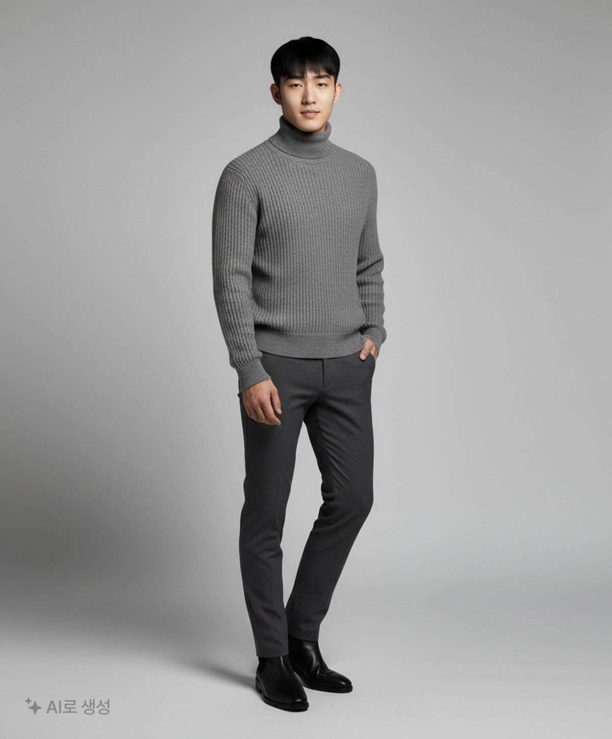 무신사 스탠다드(MUSINSA STANDARD) [스토커즈 컬래버][빅토리아 울] 미니멀 리브드 터틀 넥 니트 [미디엄 그레이] XXL