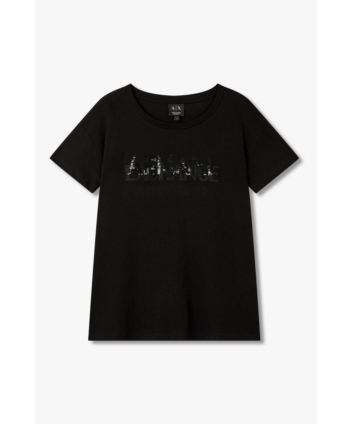 아르마니 익스체인지(ARMANI EXCHANGE) 여성 스팽글 로고 티셔츠_블랙 A426330507