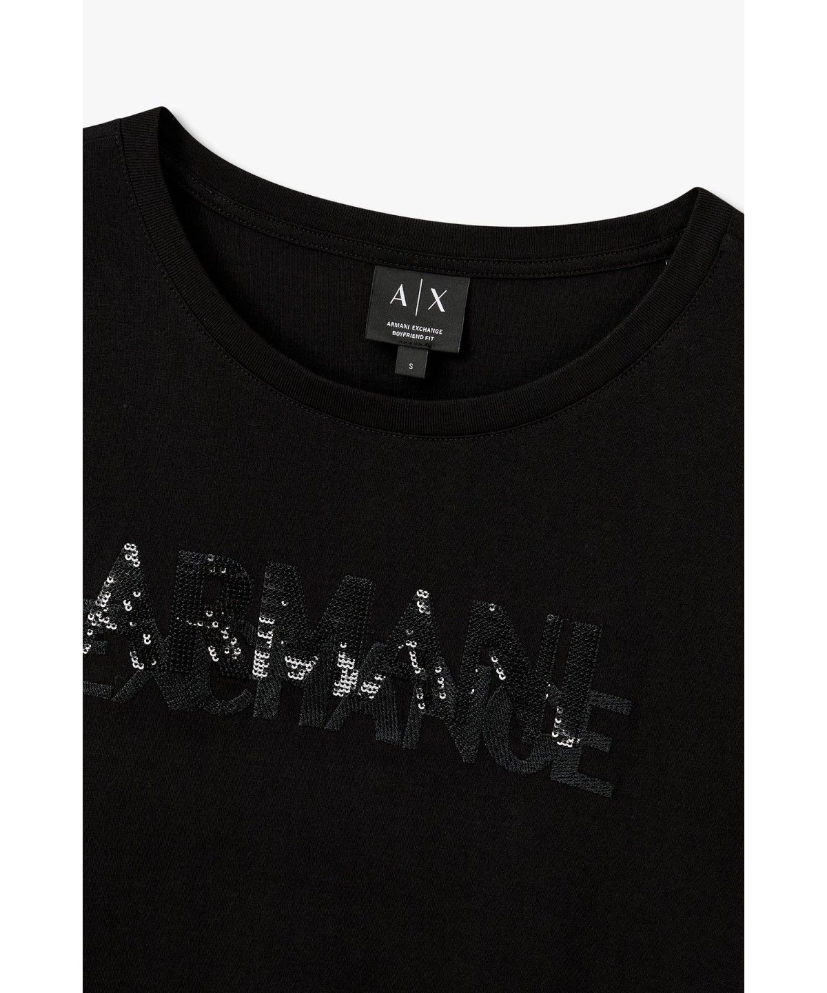 아르마니 익스체인지(ARMANI EXCHANGE) 여성 스팽글 로고 티셔츠_블랙 A426330507