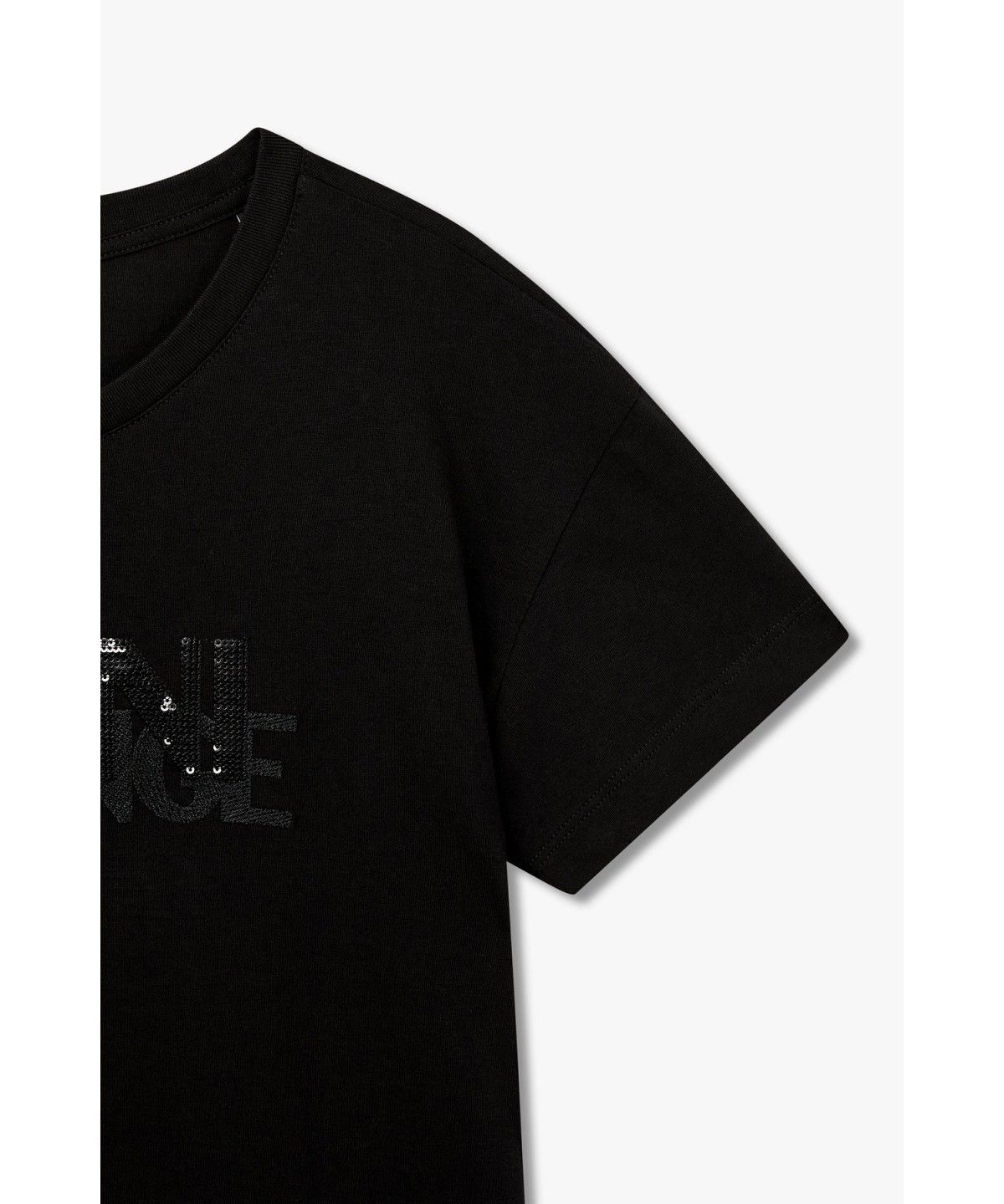 아르마니 익스체인지(ARMANI EXCHANGE) 여성 스팽글 로고 티셔츠_블랙 A426330507