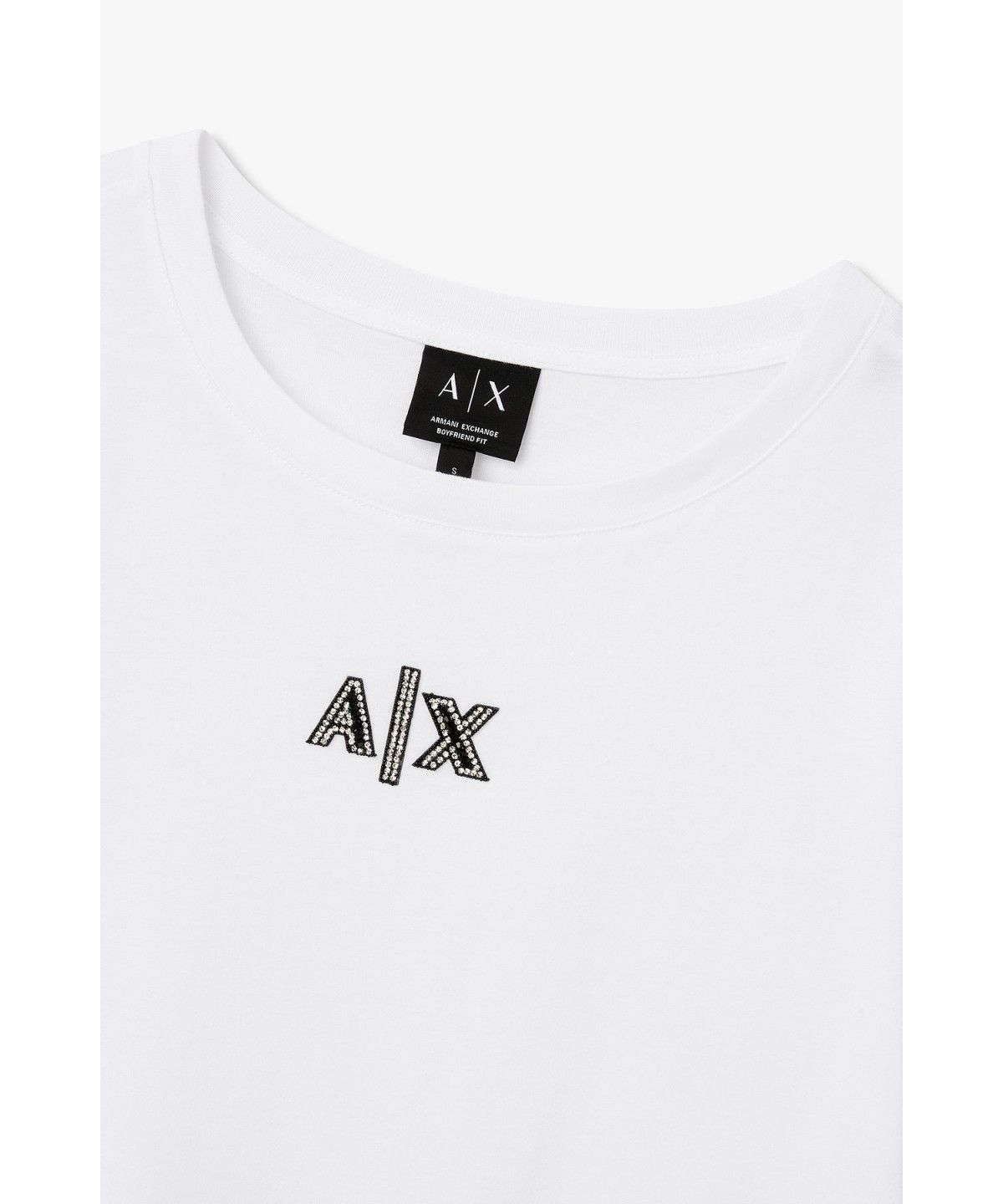 아르마니 익스체인지(ARMANI EXCHANGE) 여성 라인스톤 로고 티셔츠_화이트 A426330506