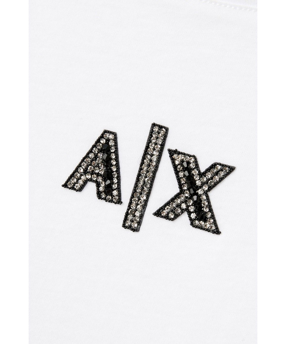 아르마니 익스체인지(ARMANI EXCHANGE) 여성 라인스톤 로고 티셔츠_화이트 A426330506