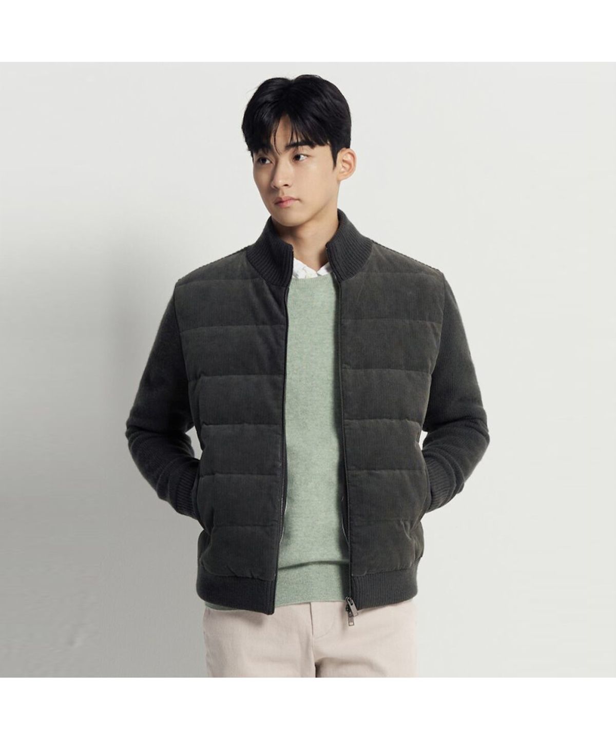 빈폴 멘(BEANPOLE MEN) 코듀로이 믹스 라이트다운 카디건  애쉬