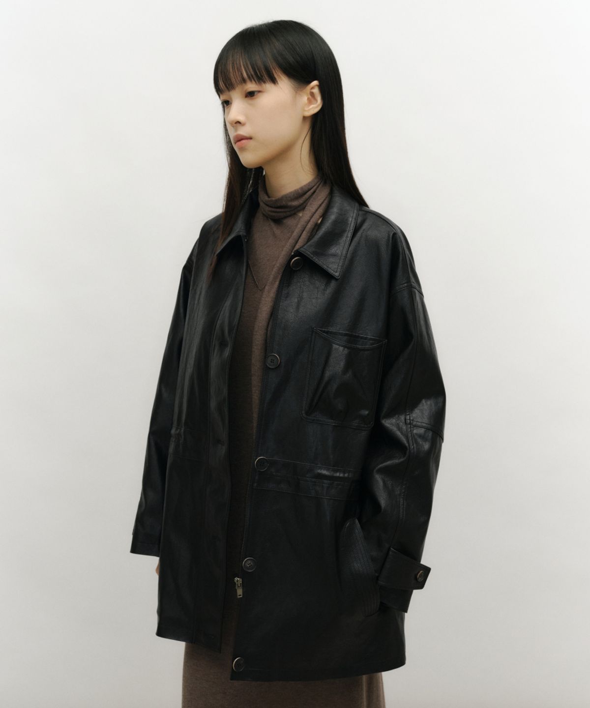 로우타이드(LOW TIDE) DRAWSTRING LEATHER HALF JACKET [BLACK]