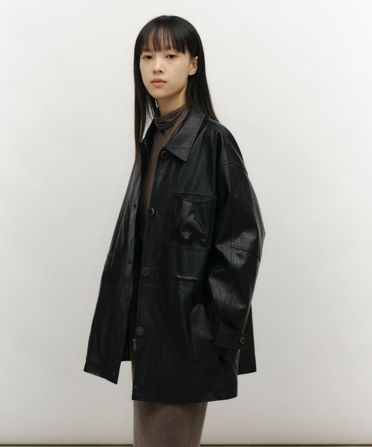 로우타이드(LOW TIDE) DRAWSTRING LEATHER HALF JACKET [BLACK]