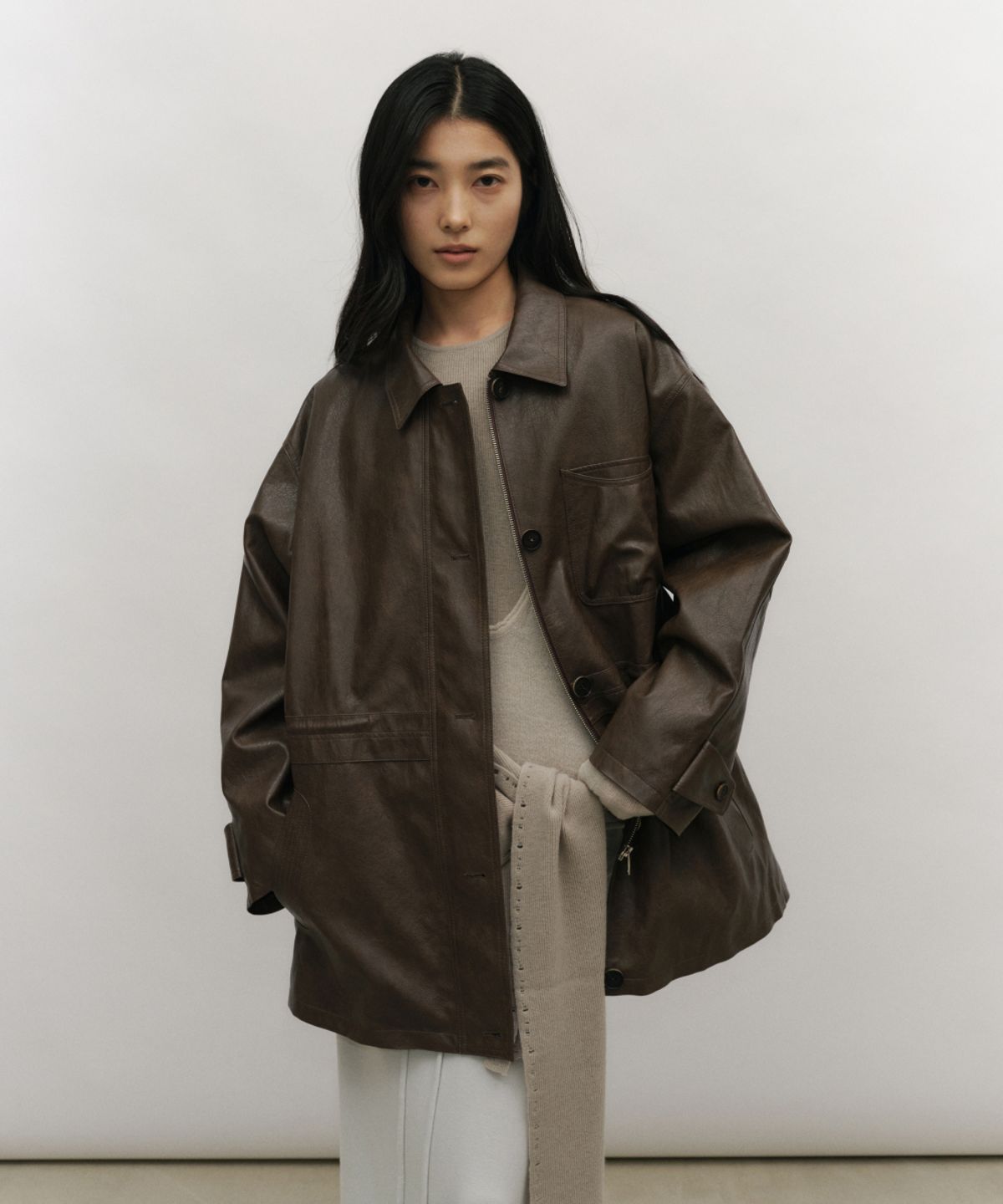 로우타이드(LOW TIDE) DRAWSTRING LEATHER HALF JACKET [BROWN]