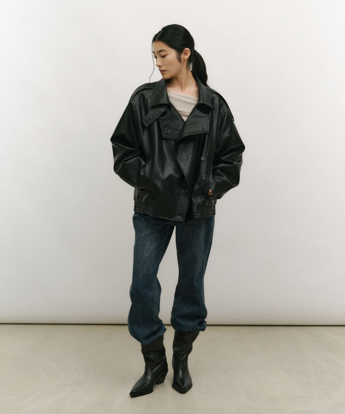 로우타이드(LOW TIDE) HIGH NECK DOUBLE LEATHER JACKET [BLACK]
