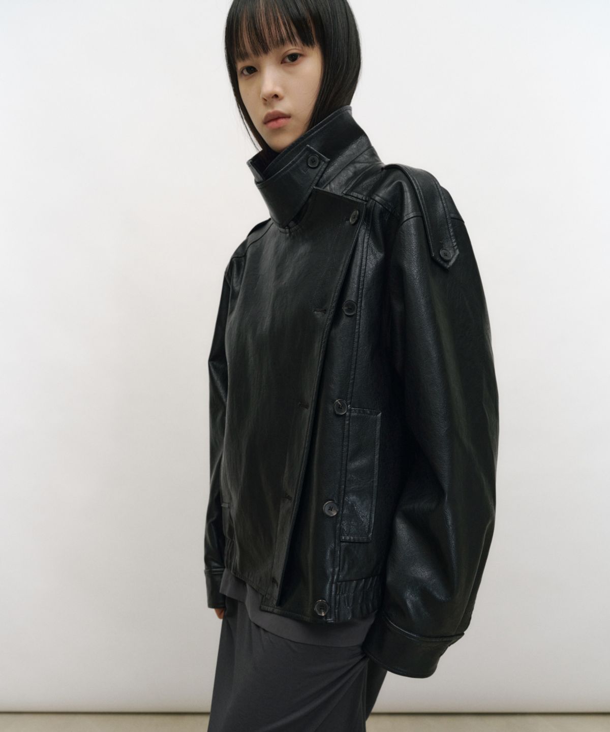 로우타이드(LOW TIDE) HIGH NECK DOUBLE LEATHER JACKET [BLACK]