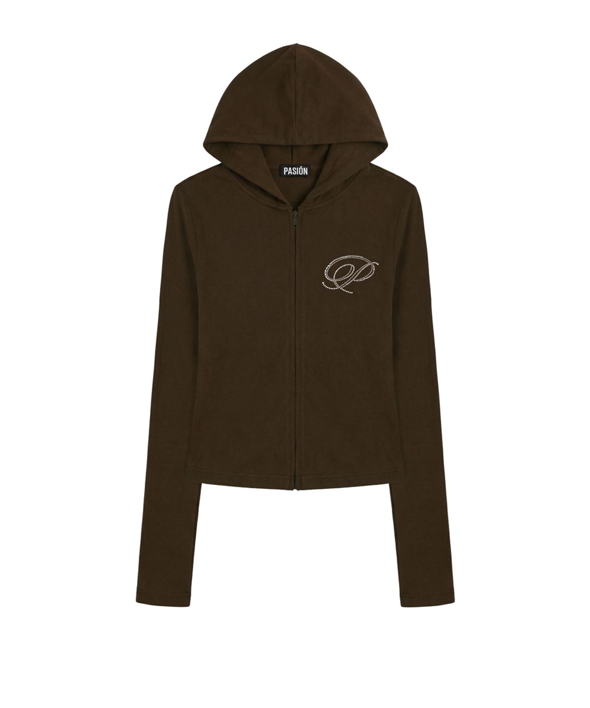 파시온(PASION) 슬림 크리스탈 글램 후드집업_브라운 Slim Crystal Glam Hoodie Zip-Up_Brown