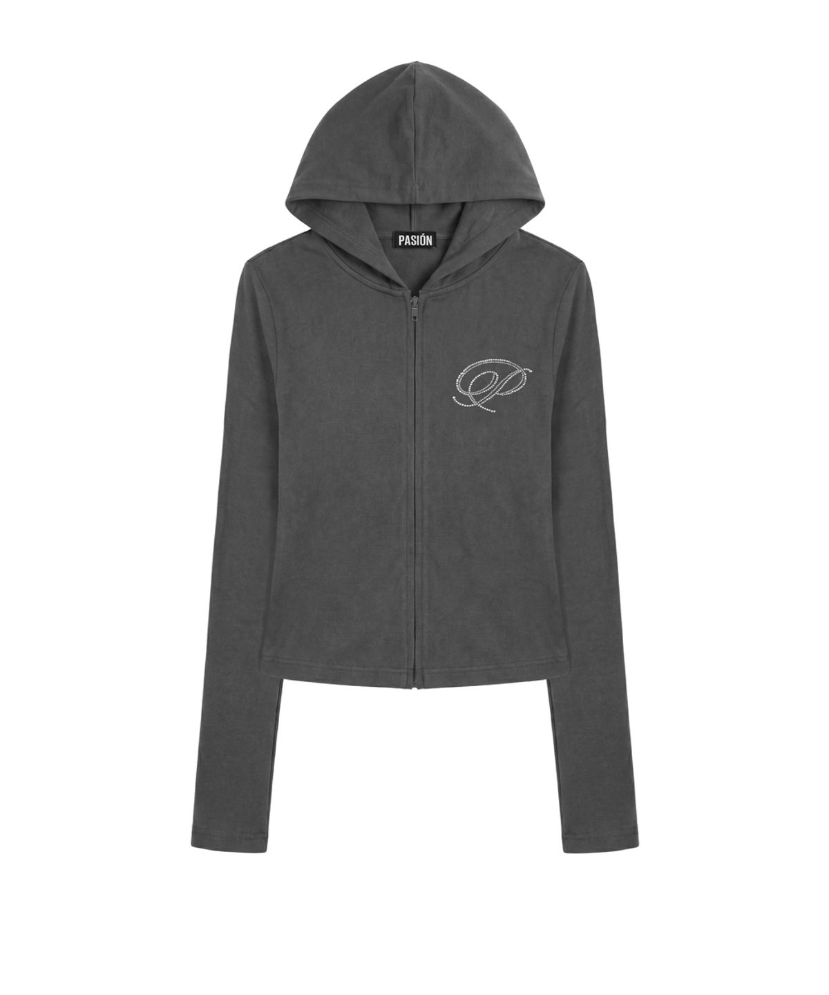 파시온(PASION) 슬림 크리스탈 글램 후드집업_그레이 Slim Crystal Glam Hoodie Zip-Up_Gray