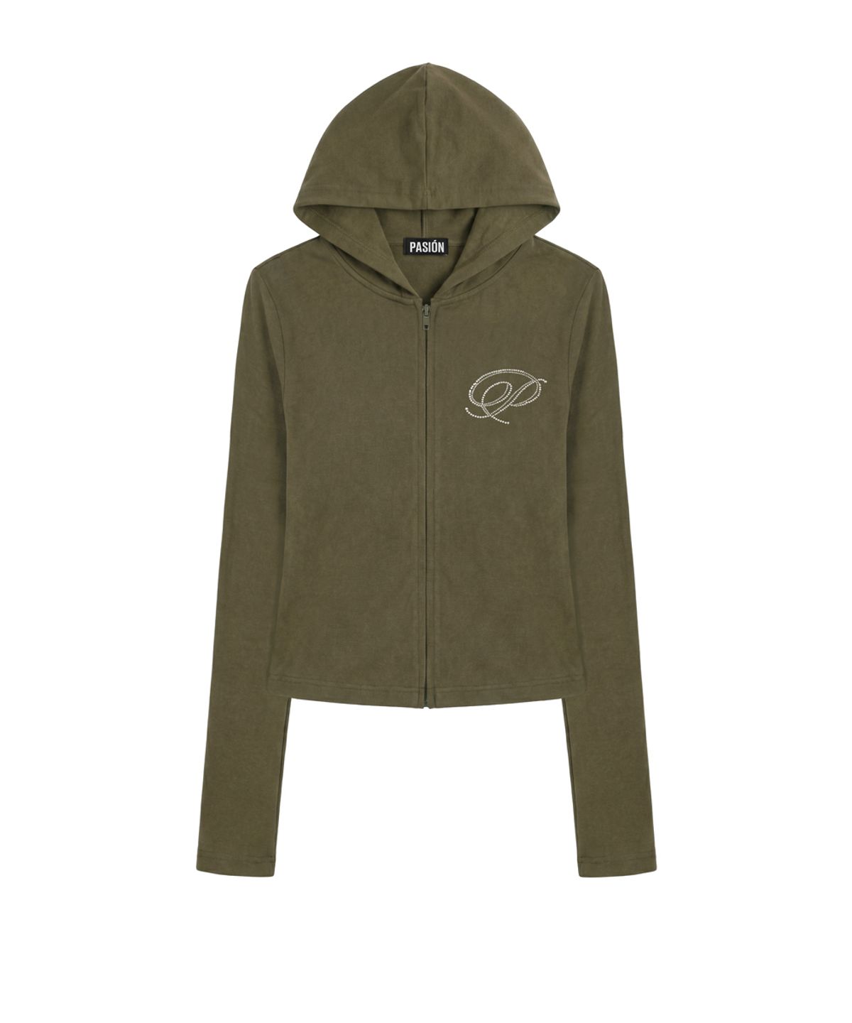 파시온(PASION) 슬림 크리스탈 글램 후드집업_카키 Slim Crystal Glam Hoodie Zip-Up_Khaki