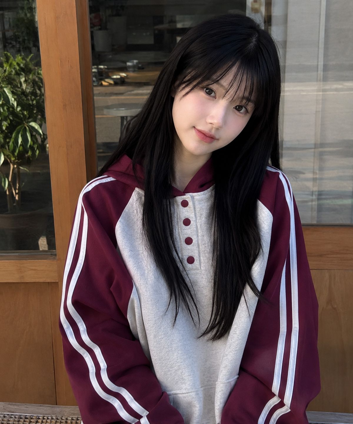 모즈모즈(MOZMOZ) 배색 레글런 헨리넥 후드 버건디
