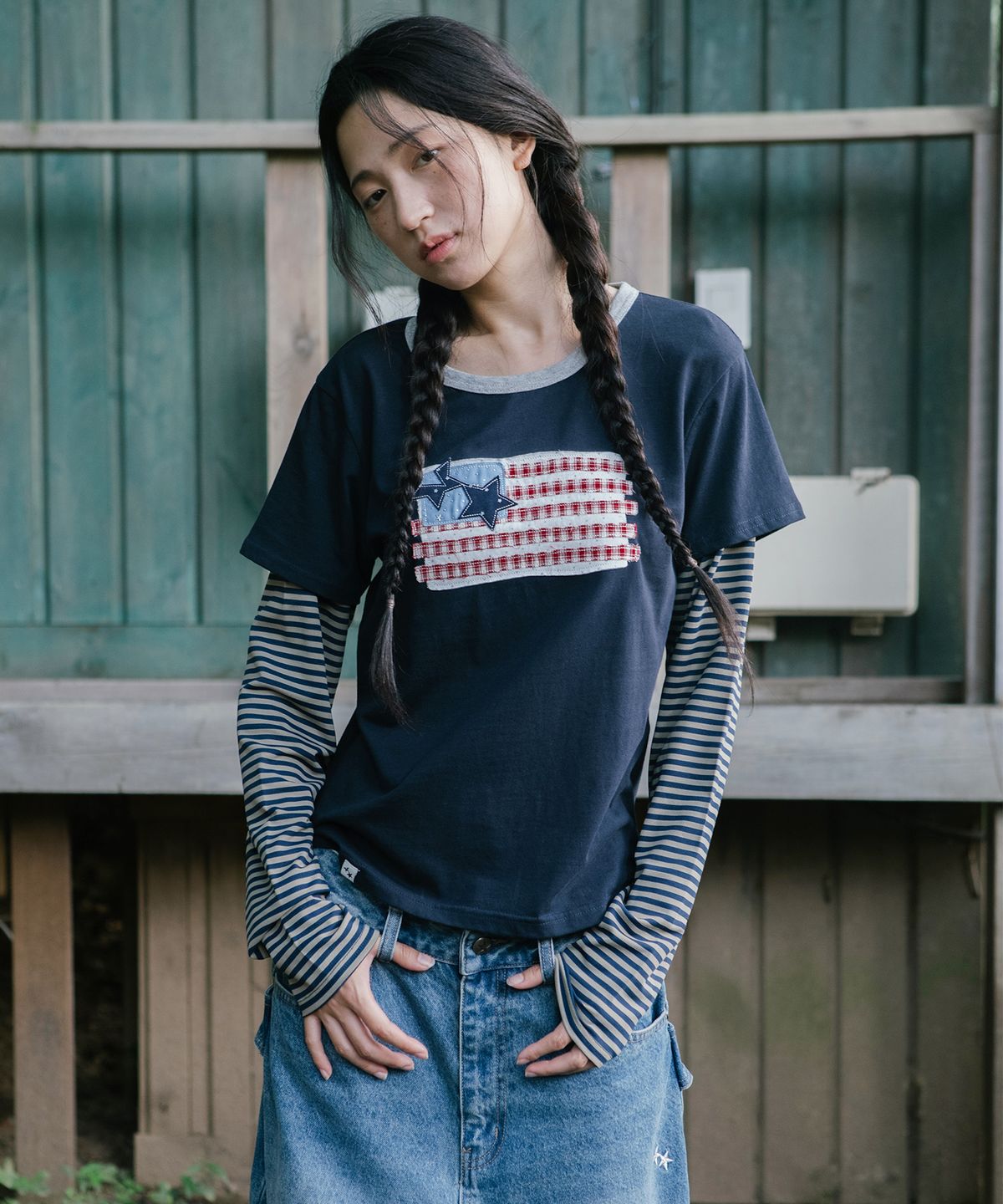 카비시(CAVISH) OLD GLORY RINGER LAYERED LS TEE NAVY(CV2GFFT558A)