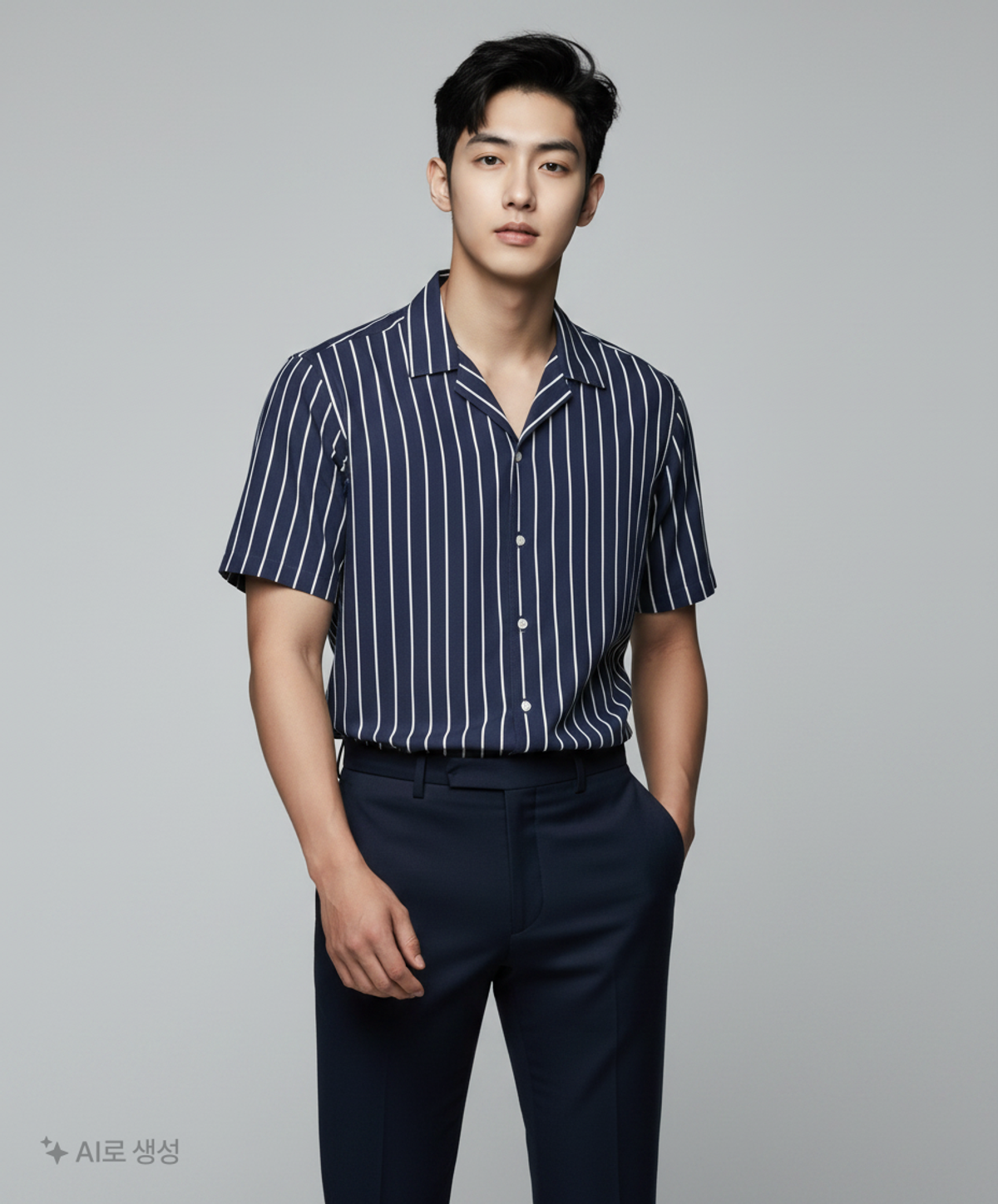 티비제이(TBJ) 남성 5부 코튼린넨 쿠반카라 스트라이프 셔츠_네이비 100
