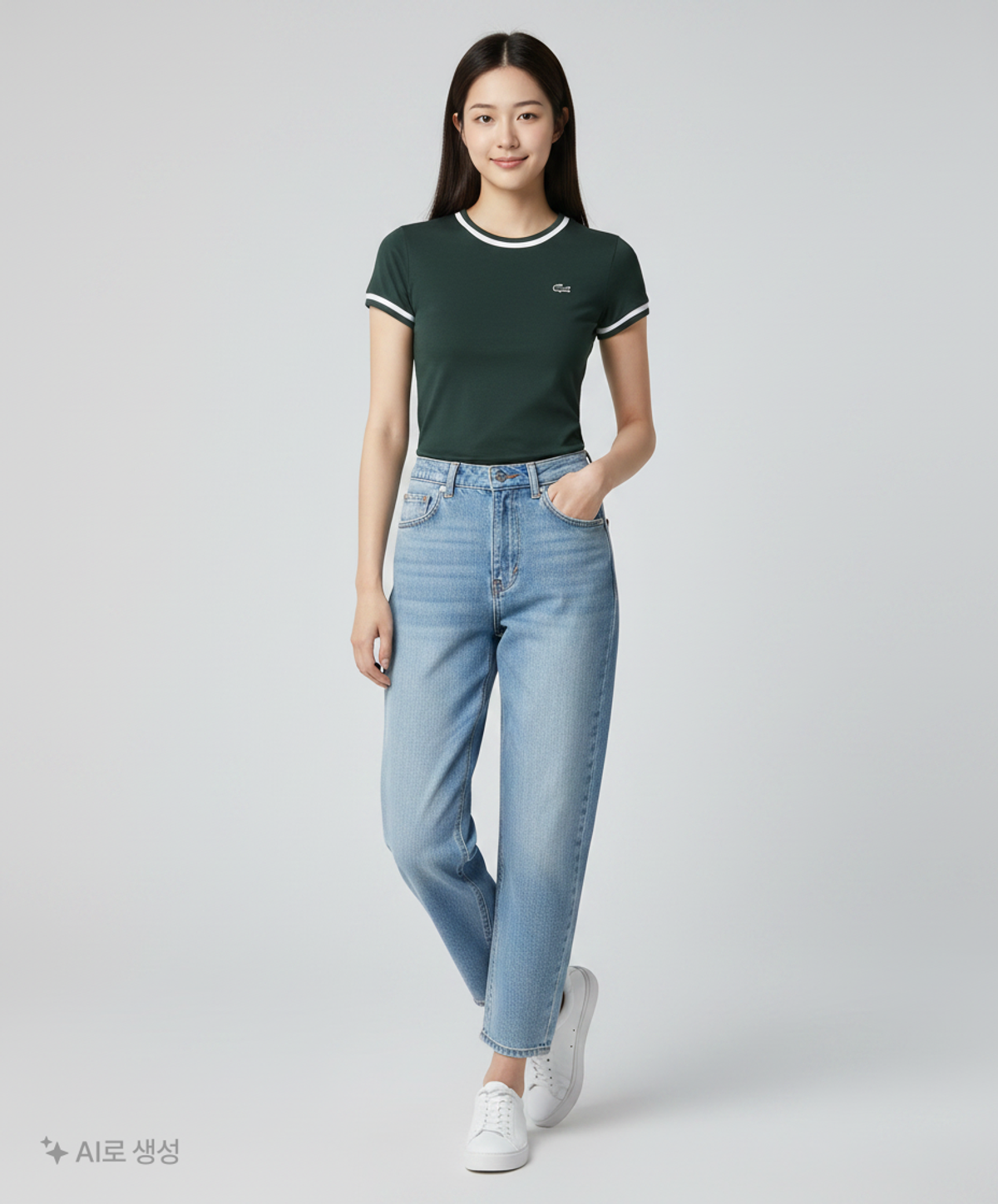 라코스테(LACOSTE) 여성 슬림핏 티핑 반팔 티셔츠 [다크그린] 36