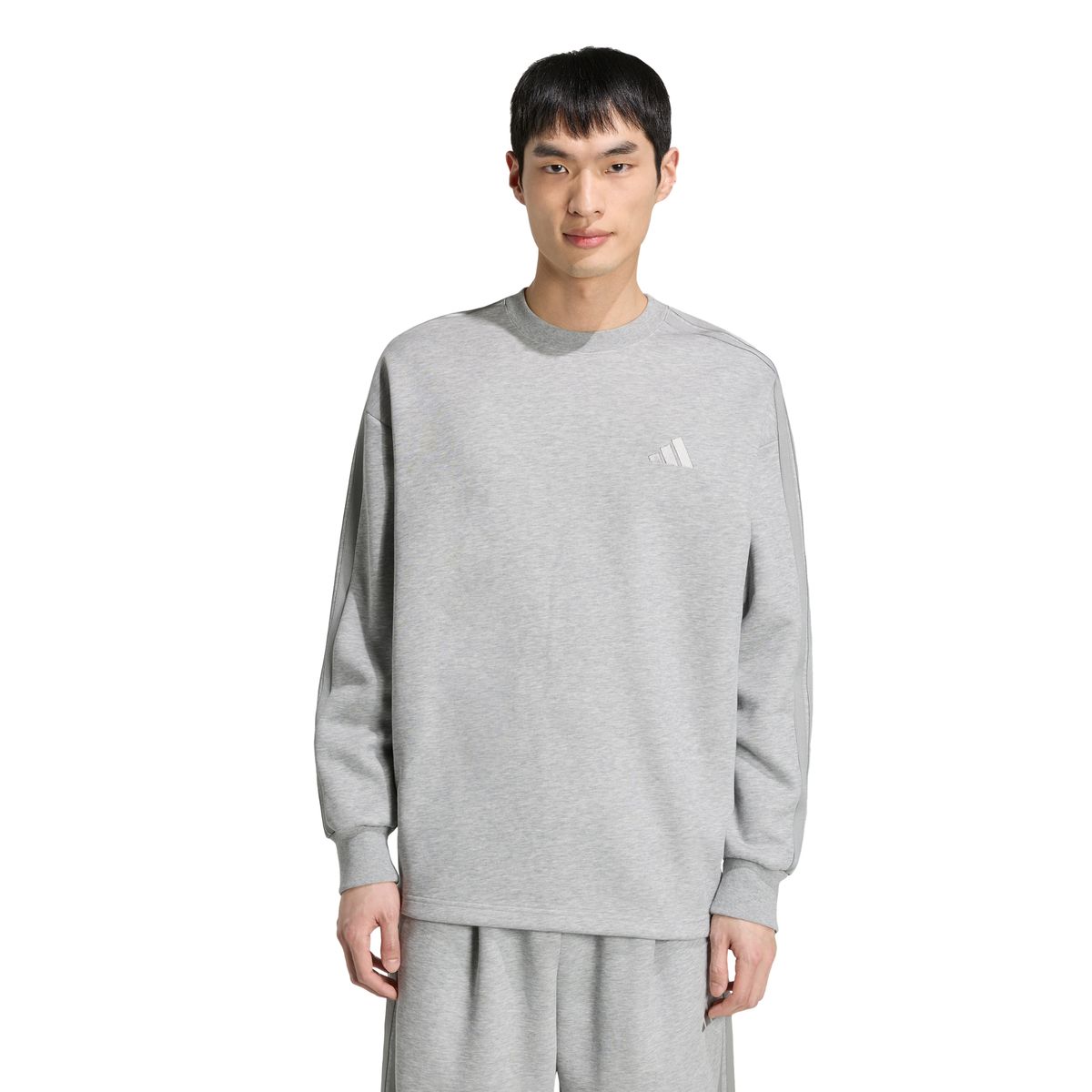 아디다스(ADIDAS) 에센셜 플러스 루즈 핏 3-스트라이프 컨템퍼러리 스페이서 니트 스웨트셔츠 KV5912
