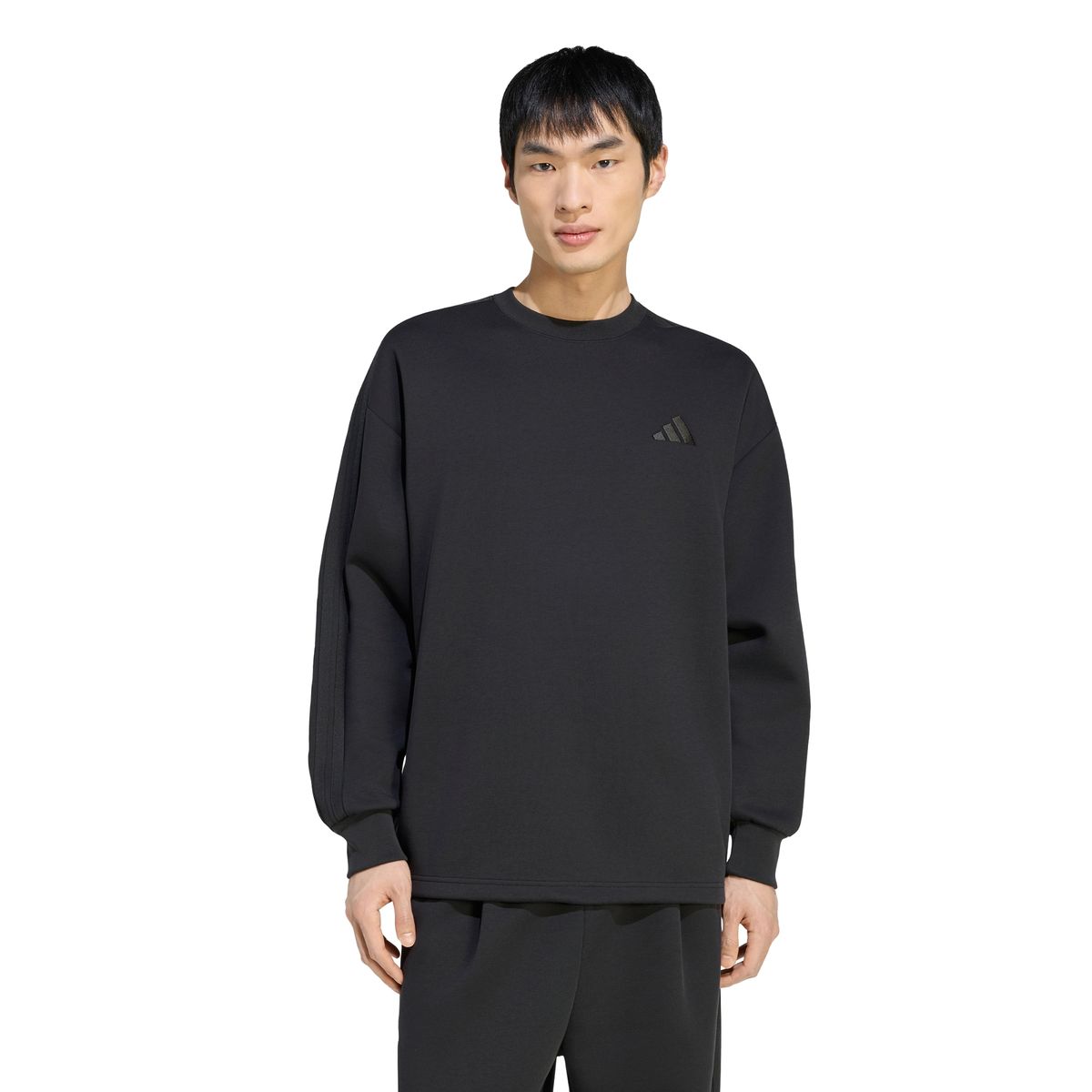 아디다스(ADIDAS) 에센셜 플러스 루즈 핏 3-스트라이프 컨템퍼러리 스페이서 니트 스웨트셔츠 KV5913