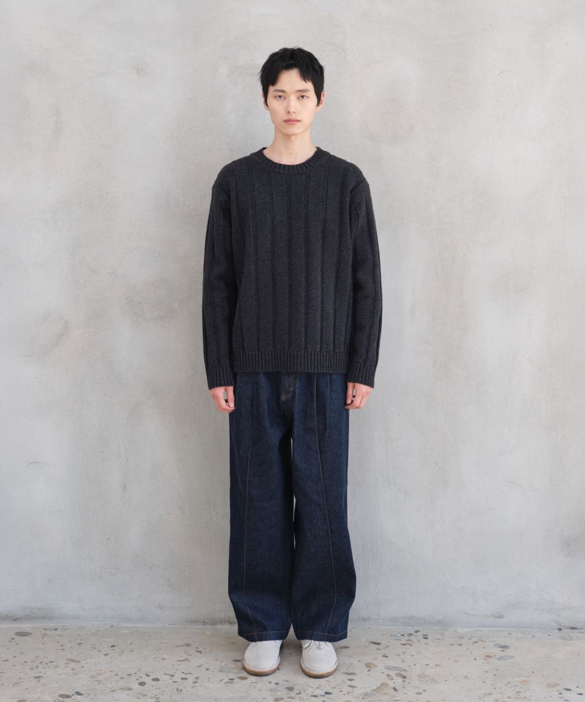 홀리선(HORLISUN) Meadow Wide Rib Crewneck Knit Melange Charcoal